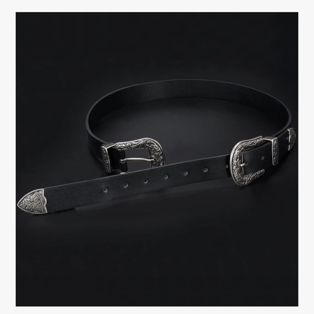 Black Double Buckle Belt with Silver Accents Western Cowgirl - Picture 3 of 7